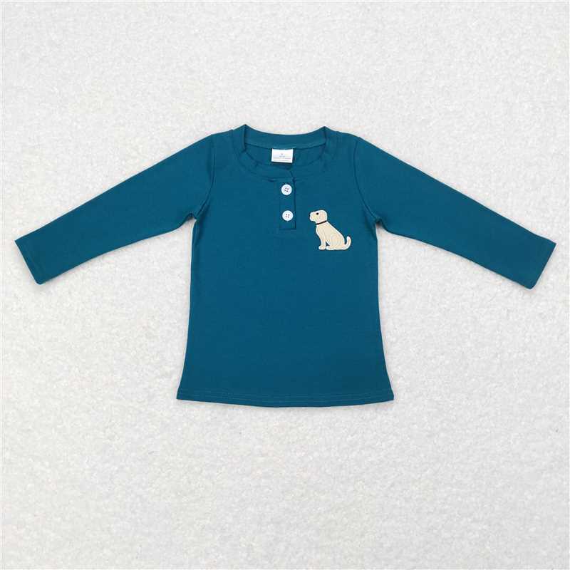 5.22 RTS NO MOQ Baby Girls Long Sleeve GT0354 Dark Green Dog Long Sleeve Tee Shirts Tops