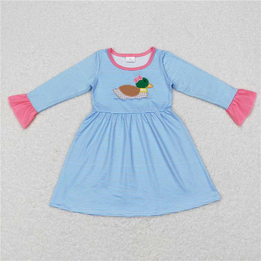 6.18 RTS NO MOQ Baby Girls Long Sleeve GLD0426 Duck Blue Stripes Long Sleeve Hunting Dresses
