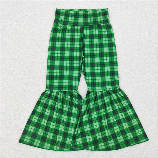 7.18 RTS NO MOQ Baby Girls Long Pants P0341 Green Plaid St Patrick Day Bell Bottom Pants