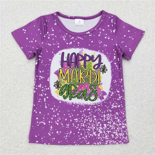 6.5 RTS NO MOQ Summer Baby Girls Short Sleeve GT0374 Purple Happy Mardi Gras Short Sleeve Shirt Tops