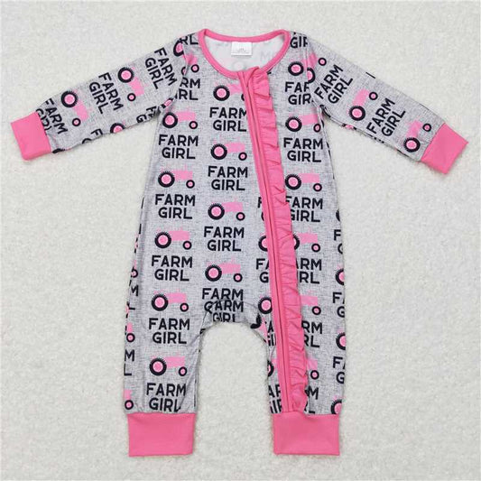 7.28 RTS NO MOQ Baby Girls Bodysuit LR0687 Tractor Zip Long Sleeve Rompers
