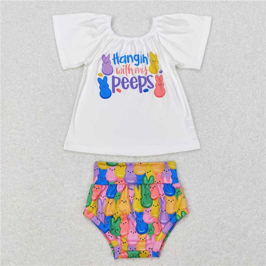 RTS NO MOQ Baby Girls Summer Outifts GBO0195 Easter Rabbit Colorful Top Bummie Sets
