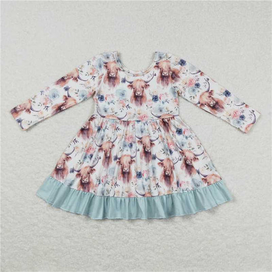 6.18 RTS NO MOQ Baby Girls Long Sleeve GLD0412 Highland Cows Top Western Knee Length Dresses