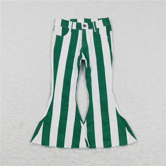 RTS NO MOQ Baby Girls Pants P0330 Green White Stripes Bell Denim Pants
