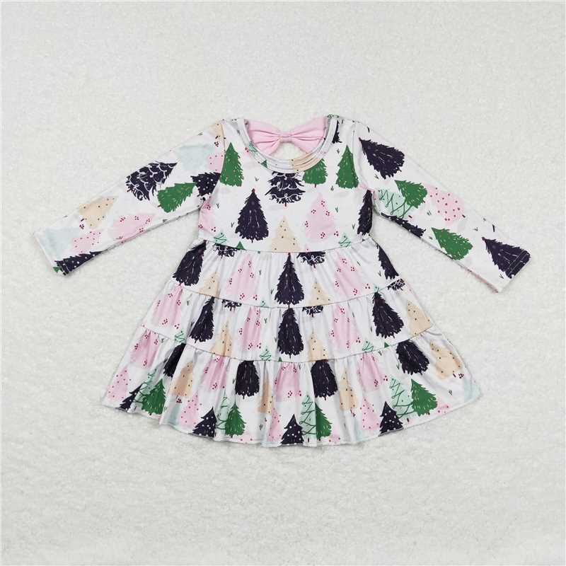 6.18 RTS NO MOQ Baby Girls Long Sleeve GLD0468 Christmas Tree Long Sleeve Ruffle Knee Length Dresses