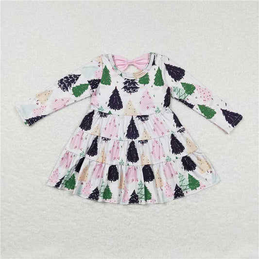 6.18 RTS NO MOQ Baby Girls Long Sleeve GLD0468 Christmas Tree Long Sleeve Ruffle Knee Length Dresses