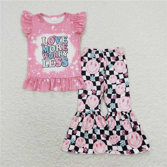 7.14 RTS NO MOQ Baby Girls Summer Kids Sets GSPO1311 Love More Worry Less Shirt Top Smile Bell Pants Clothes Sets
