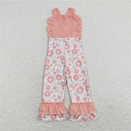 RTS NO MOQ Summer Baby Girls Bodysuit SR0963 Pink Flowers Straps Ruffle Pants Jumpsuits