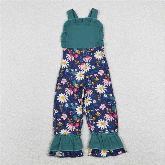 RTS NO MOQ Summer Baby Girls Bodysuit SR0964 Dark Green Daisy Flowers Straps Ruffle Pants Jumpsuits
