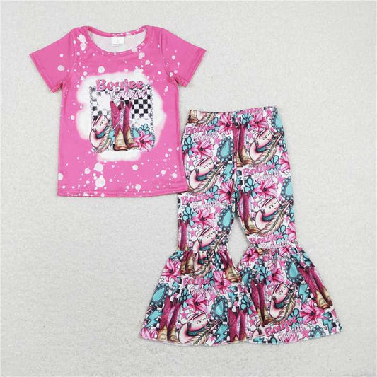 7.14 RTS NO MOQ Baby Girls Summer Kids Sets GSPO1293 Pink Boots Hats Cowgirl Western Top Bell Pants Clothes Sets
