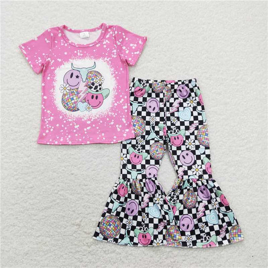 7.14 RTS NO MOQ Baby Girls Summer Kids Sets GSPO1290 Disco Cow Skull Western Top Bell Pants Clothes Sets