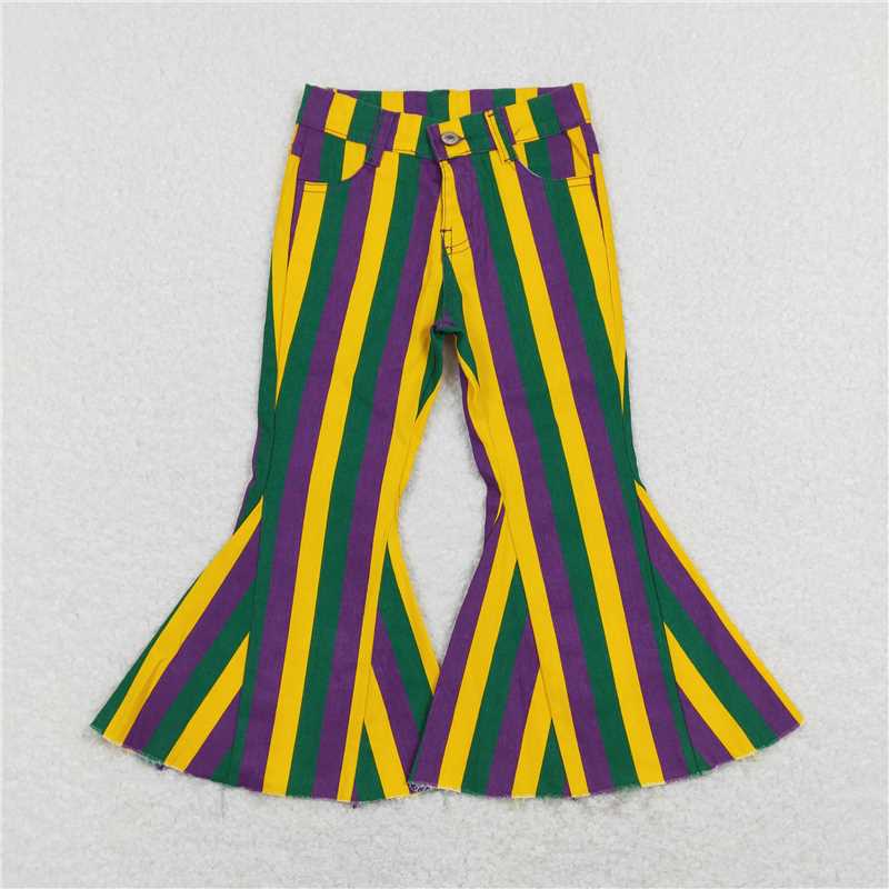 RTS NO MOQ Baby Girls Pants P0327 Mardi Gras Purple Green Gold Stripes Bell Denim Jeans