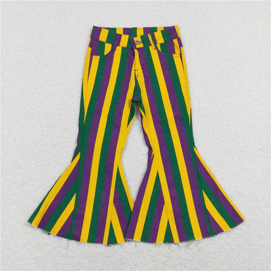 RTS NO MOQ Baby Girls Pants P0327 Mardi Gras Purple Green Gold Stripes Bell Denim Jeans