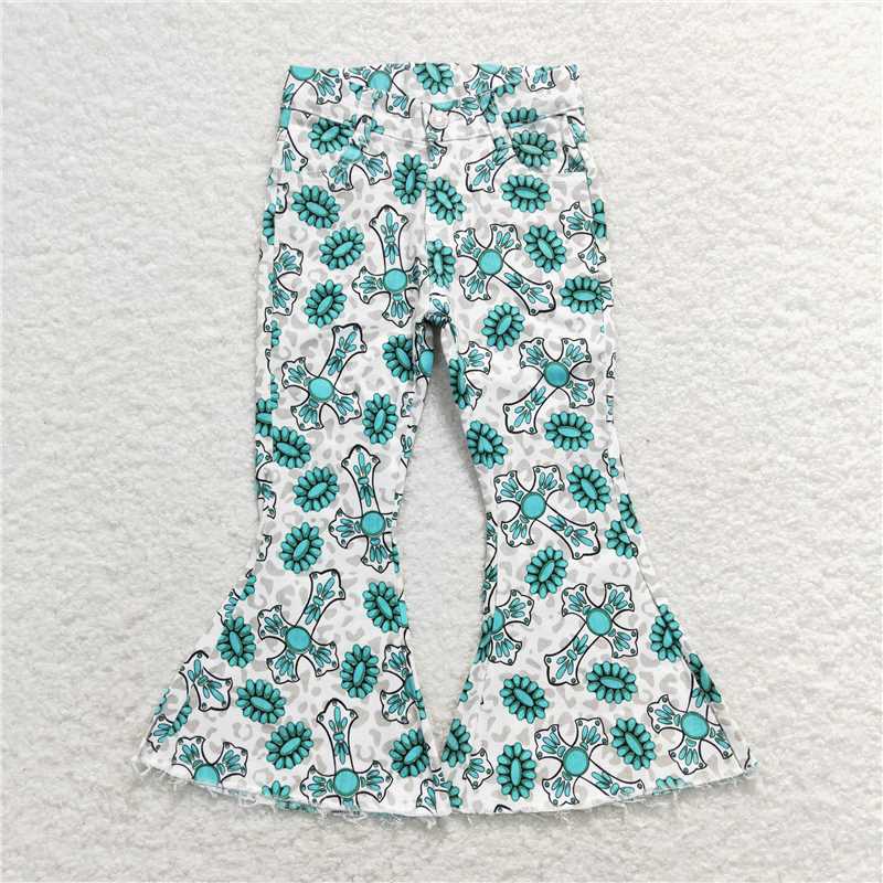 RTS NO MOQ Baby Girls Pants P0414 Easter Cross Turquoise Bell Flare Denim Jeans