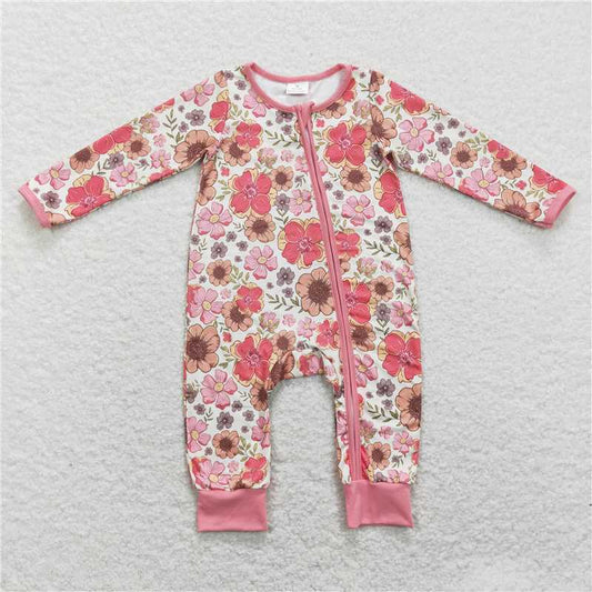 7.26 RTS NO MOQ Baby Girls Bodysuit LR0895 Pink Orange Flowers Zip Rompers