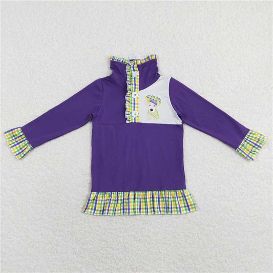 5.22 RTS NO MOQ Baby Girls Long Sleeve GT0412 Mardi Gras Plaid Ruffle Dogs Pullovers Tops