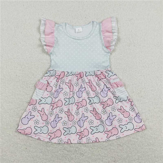 8.1 RTS NO MOQ Summer Baby Girls Dresses GSD0637 Easter Rabbits Flutter Sleeve Pockets Dresses