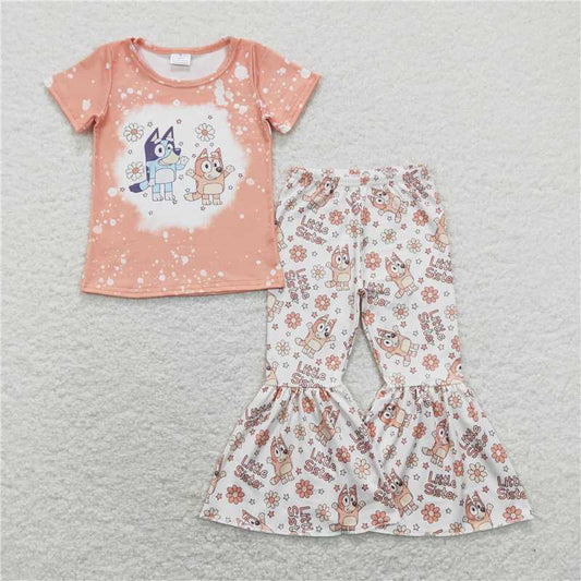 7.14 RTS NO MOQ Baby Girls Summer Kids Sets GSPO1335 Little Sister Dog Shirts Top Bell Bottom Pants Clothes Sets