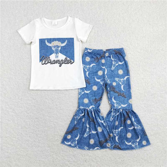 7.14 RTS NO MOQ Baby Girls Summer Kids Sets GSPO1287 Cow Flowers Western Top Bell Pants Clothes Sets