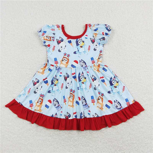 8.1 RTS NO MOQ Summer Baby Girls Dresses GSD0744 4th Of July Dogs Red Ruffle Knee Length Dresses