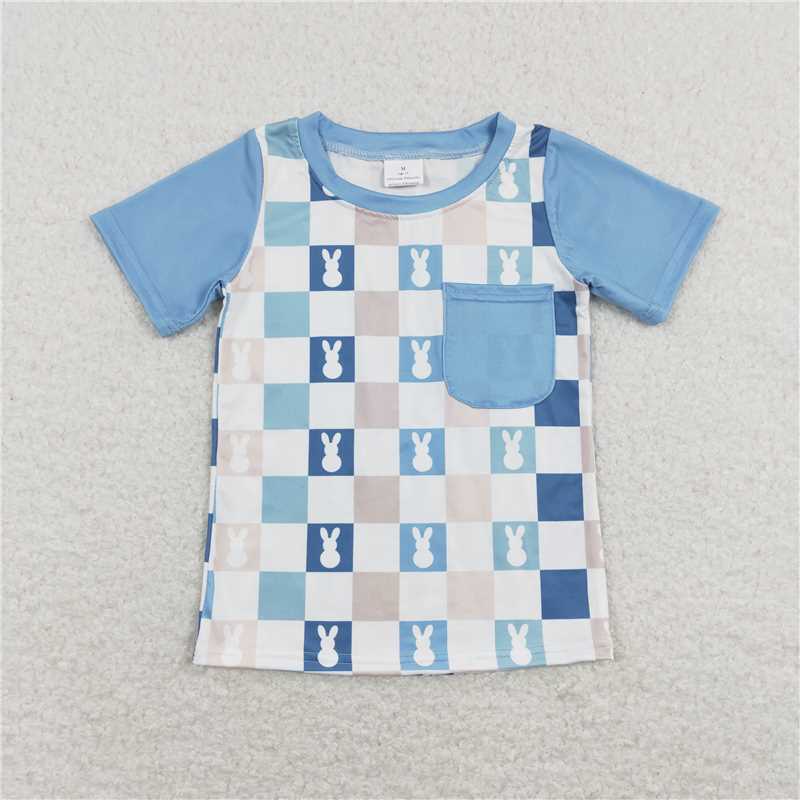 5.21  RTS NO MOQ Summer Baby Boys Shirt BT0590 Blue Checkered Easter Rabbits Pocket Short Sleeve Tee Shirts Tops