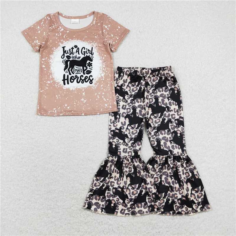 7.2 RTS NO MOQ Baby Girls Summer Kids Sets GSPO1277 Just A Girl Who Loves Horses Top Leopard Bell Pants Clothes Sets