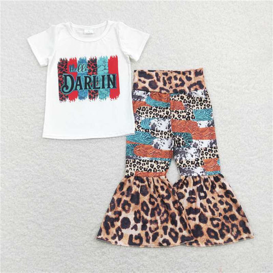 7.2 RTS NO MOQ Baby Girls Summer Kids Sets GSPO1160 Hello Darlin Tee Shirts Top Leopard Bell Pants Outfits Clothes Sets