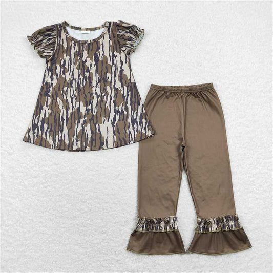 7.2 RTS NO MOQ Baby Girls Summer Kids Sets GSPO1318 Camo Short Sleeve Tunic Ruffle Pants Clothes Sets