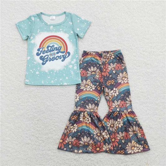 7.14 RTS NO MOQ Baby Girls Summer Kids Sets GSPO1270 Feeling Groovy Top Rainbow Flowers Bell Pants Clothes Sets
