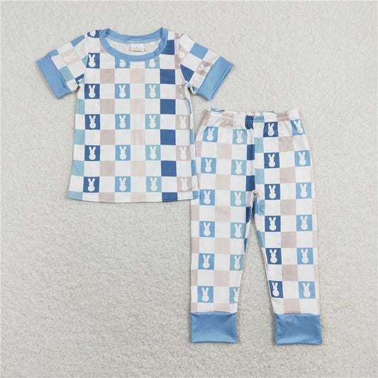 RTS NO MOQ Baby Boys Summer Sets BSPO0318 Blue Checkered Rabbits Short Sleeve Tops Pants Pajamas Clothes Sets