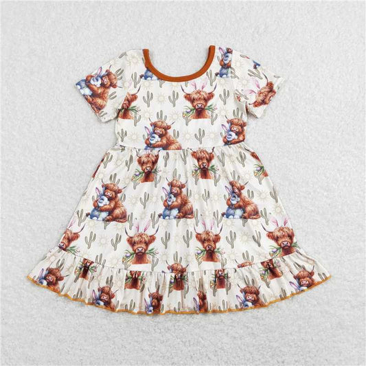 8.1 RTS NO MOQ Summer Baby Girls Dresses GSD0778 Easter Highland Cow Cactus Ruffle Knee Length Dresses
