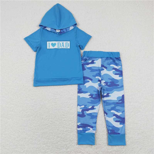 5.27 RTS NO MOQ Baby Boys Summer Sets BSPO0281 I Love Dad Hooded Tops Blue Camo Jogger Pants Clothes Sets