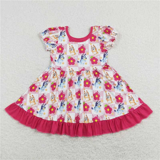 8.1 RTS NO MOQ Summer Baby Girls Dresses GSD0740 Pink Flowers Dogs Ruffle Knee Length Dresses