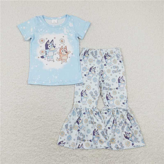 7.14 RTS NO MOQ Baby Girls Summer Kids Sets GSPO1336 Sister Dog Shirts Top Bell Bottom Pants Clothes Sets