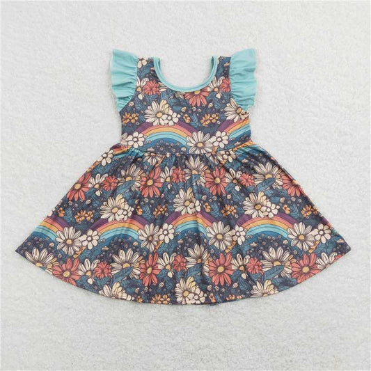 8.1 RTS NO MOQ Summer Baby Girls Dresses GSD0734 Groovy Rainbow Flowers Knee Length Dresses