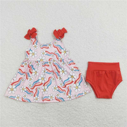RTS NO MOQ Baby Girls Summer Outifts GBO0278 Flowers Rainbow Straps Top Bummies Clothes Sets