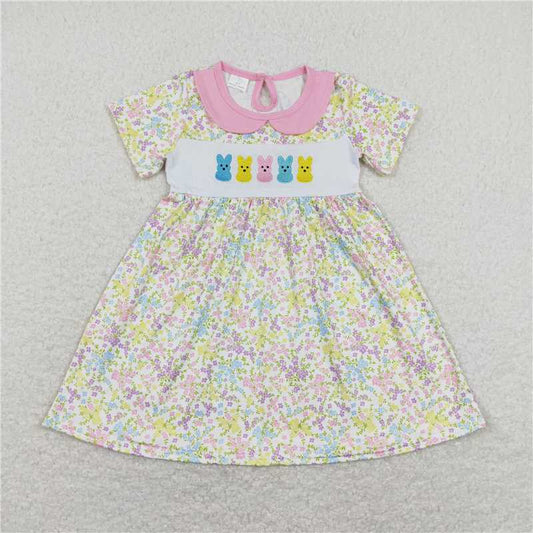 8.1 RTS NO MOQ Summer Baby Girls Dresses GSD0649 Easter Rabbits Pink Flowers Knee Length Dresses