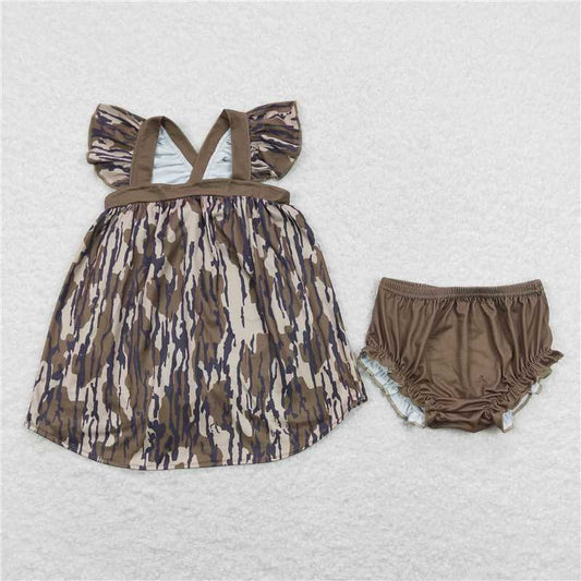 RTS NO MOQ Baby Girls Summer Outifts 	GBO0272 Camo Straps Tunic Top Bummies Clothes Sets