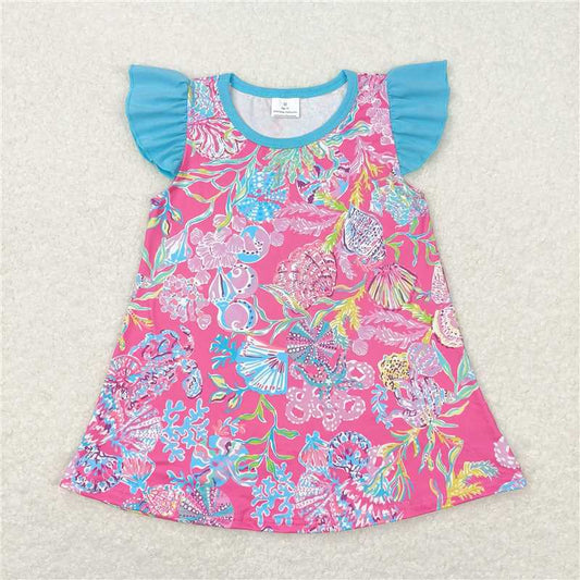 RTS NO MOQ Summer Baby Girls Short Sleeve GT0564 Pink Sea Shells Flutter Sleeve Tunic Tops