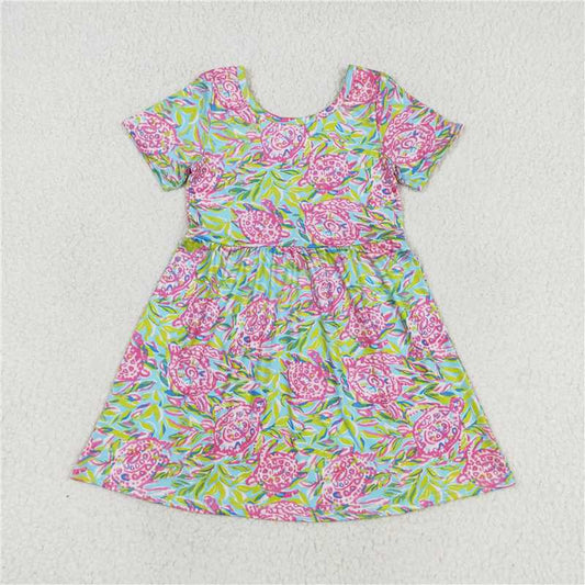 7.30 RTS NO MOQ Summer Baby Girls Dresses GSD1118 Pink Turtle Short Sleeve Knee Length Dresses