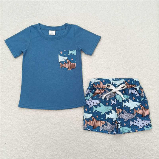 BSSO0830 Baby Boys Shark Shorts Set With Pocket