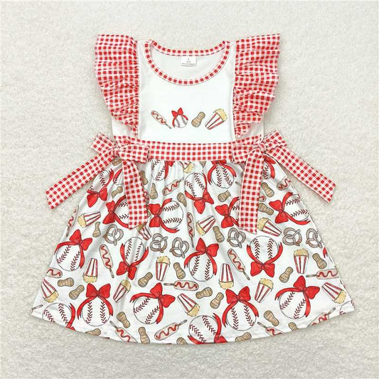 7.30 RTS NO MOQ Summer Baby Girls Dresses GSD0712 Baseball Pink Knee Length Bows Dresses