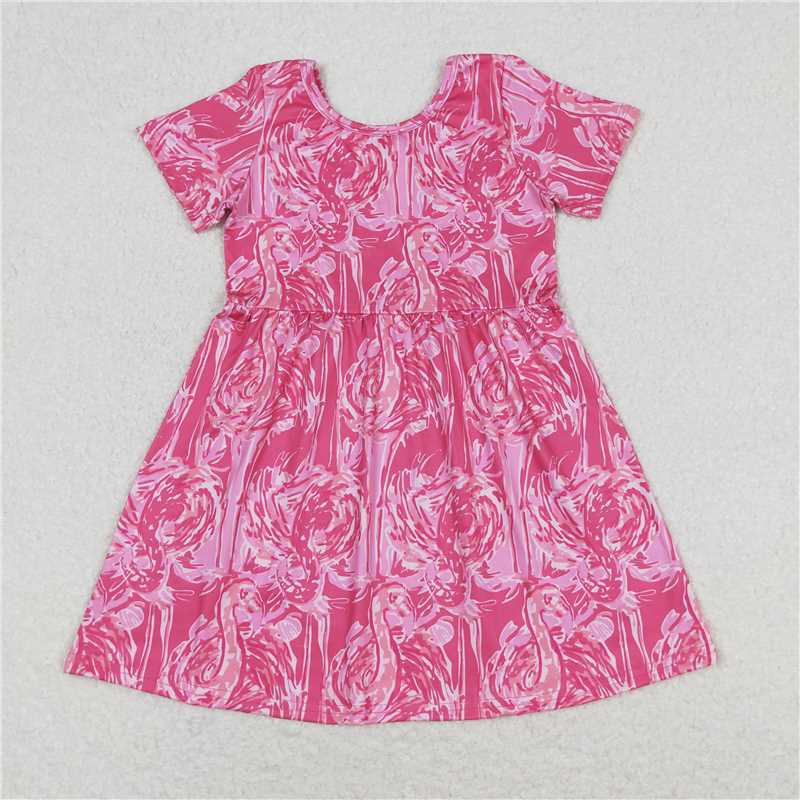 7.30 RTS NO MOQ Summer Baby Girls Dresses GSD1116 Pink Flamingo Short Sleeve Knee Length Dresses