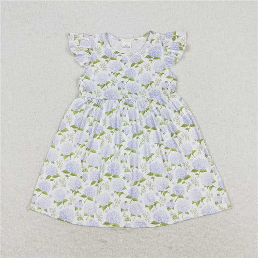 7.30 RTS NO MOQ Summer Baby Girls Dresses GSD1100 Blue Flowers Flutter Sleeve Knee Length Dresses