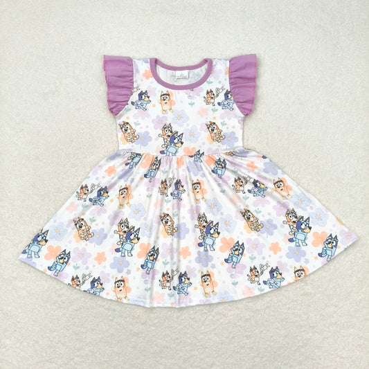 7.30 RTS NO MOQ Summer Baby Girls Dresses GSD1079 Blue Dogs Flowers Flutter Sleeve Knee Length Dresses