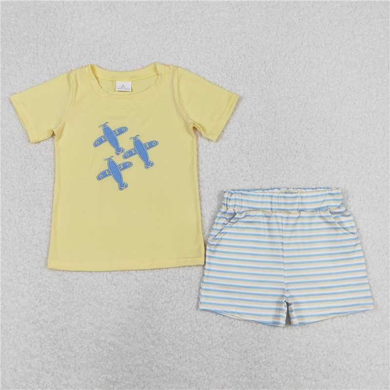 RTS NO MOQ Baby Boys kids Summer Sets BSSO0696 Embroidery Yellow Airplane Striped Short Sleeve Shorts Set