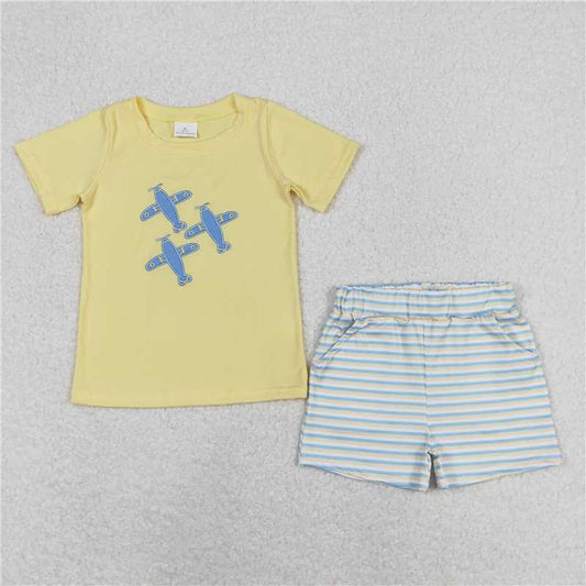 RTS NO MOQ Baby Boys kids Summer Sets BSSO0696 Embroidery Yellow Airplane Striped Short Sleeve Shorts Set