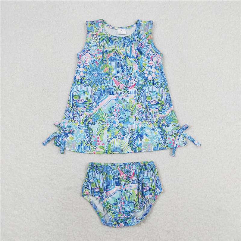 RTS NO MOQ Baby Girls Summer Outifts GBO0340 Blue Flowers Tunic Top Bummies Clothes Sets