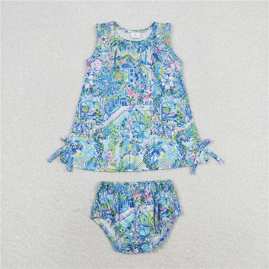 RTS NO MOQ Baby Girls Summer Outifts GBO0340 Blue Flowers Tunic Top Bummies Clothes Sets