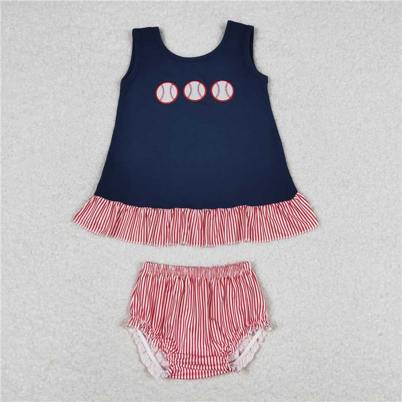 RTS NO MOQ Baby Girls Summer Outifts GBO0209 Navy Sleeveless Baseball Tunic Bummies Clothes Sets